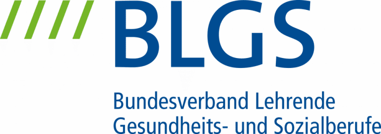 Logo - BLGS - Bundesverband Lehrende, Gesundheits- und Sozialberufe - Blaue Schrift, links 4 schräge Striche