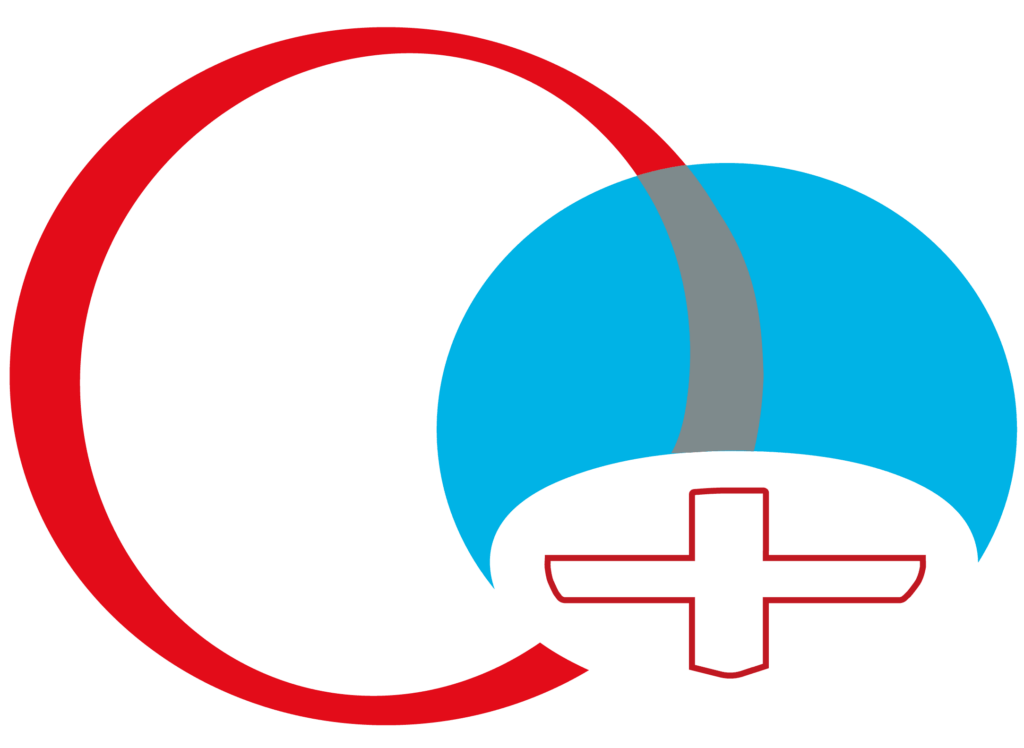 GPAlliance Logo - links roter Outline Kreis - rechts cyanfarbener Kreis - enthält weißes Kreuz mit roter Outline unterhalb